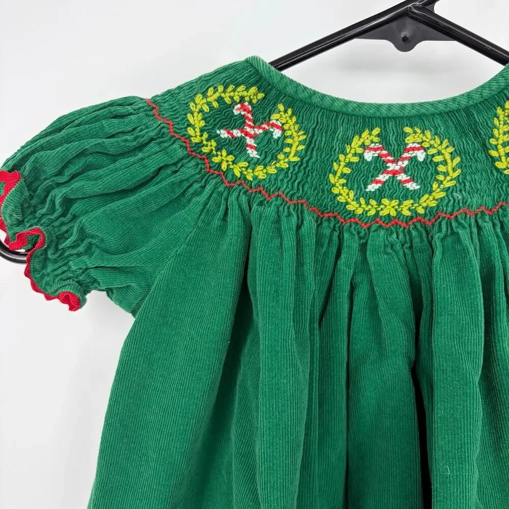 SmockaDot Kids Vintage Green Corduroy Smocked Embroidered Christmas Dress Size 6